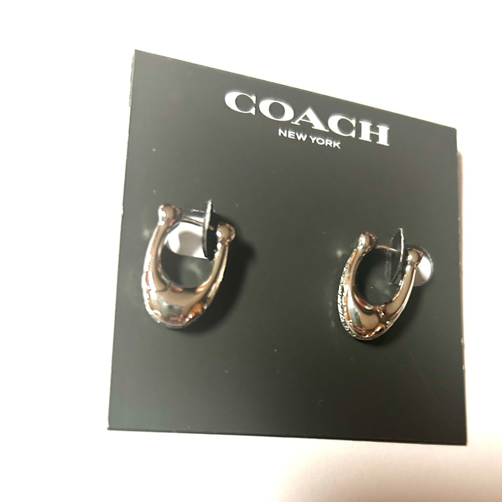 Authentic Coach C Huggie Earrings Silver NWT - Picture 2 of 5